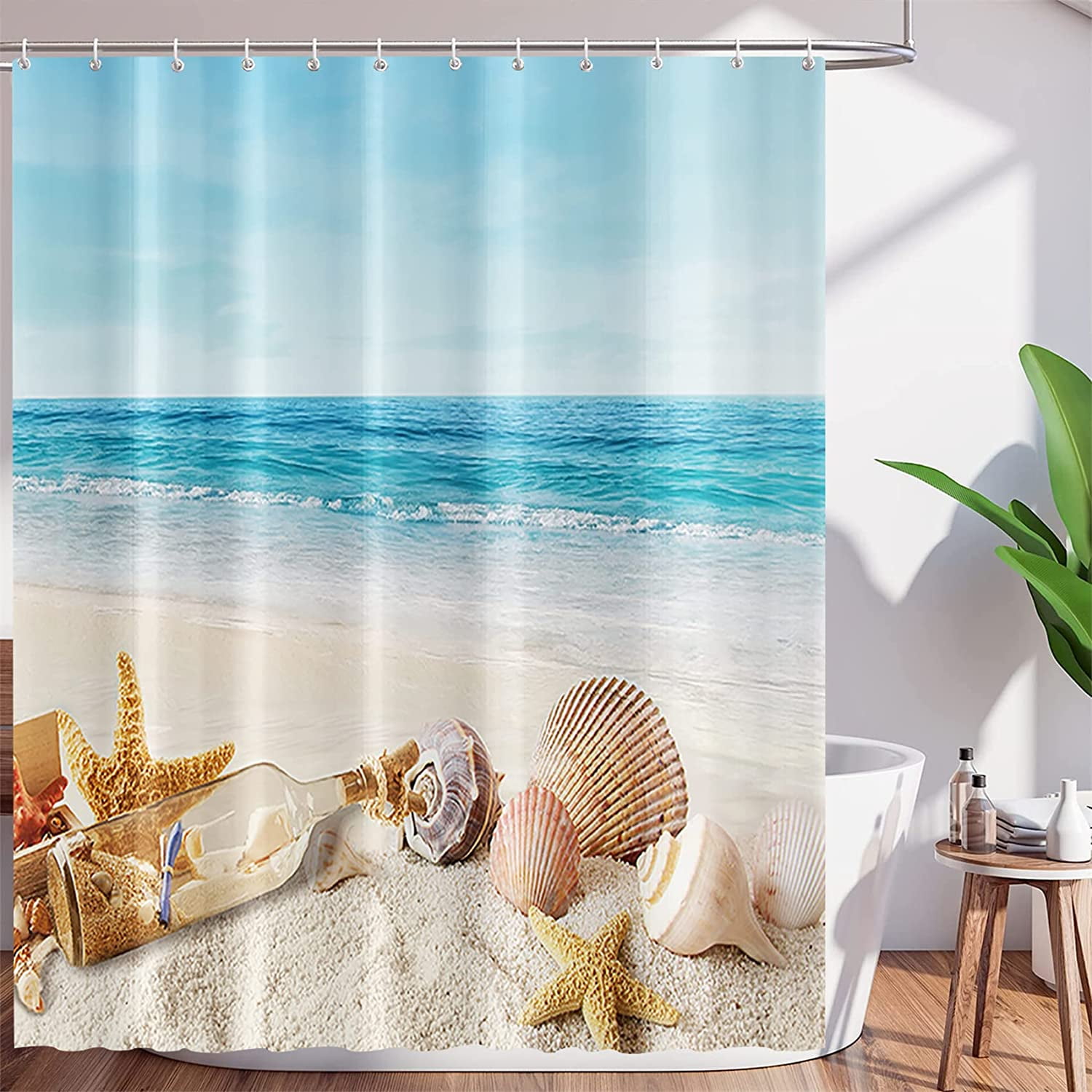 Amarainy Beach Scenery Shower Curtain for Bathroom Starfish Conch