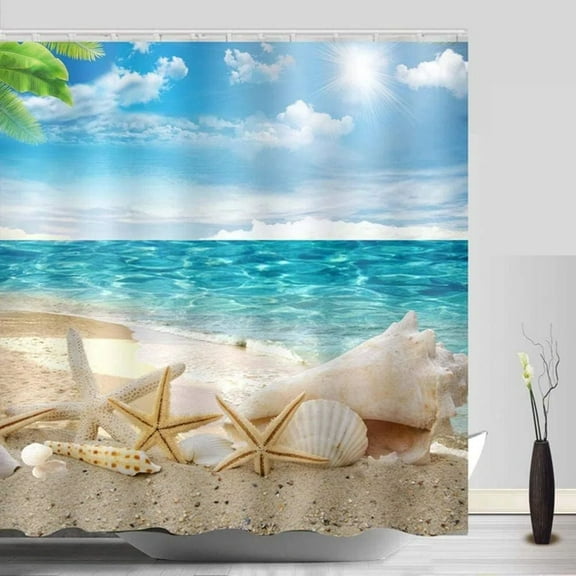 Amarainy Beach Shower Curtain Fabric Washable Seashell Starfish Bathroom Decor Digital Printed No-Fade Blue 72 x 72 inch