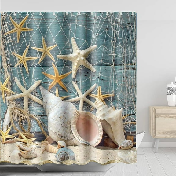 Amarainy Beach Shower Curtain Seashell Beach Theme Starfish Shell Waterproof Polyester Shower Curtain 72x72 inch