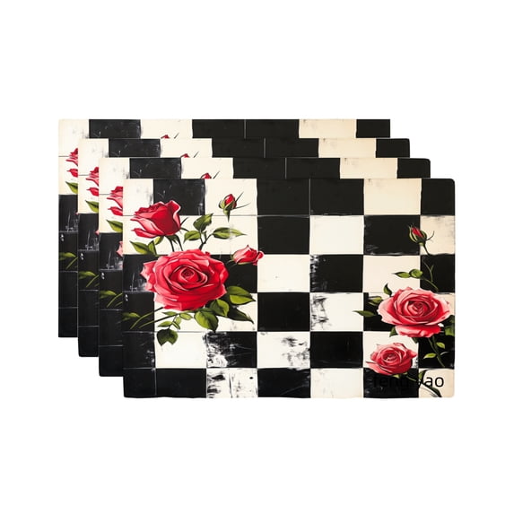 Amarainy Black And White Checkered Rose Pattern Linen Table Mats Set Of ...