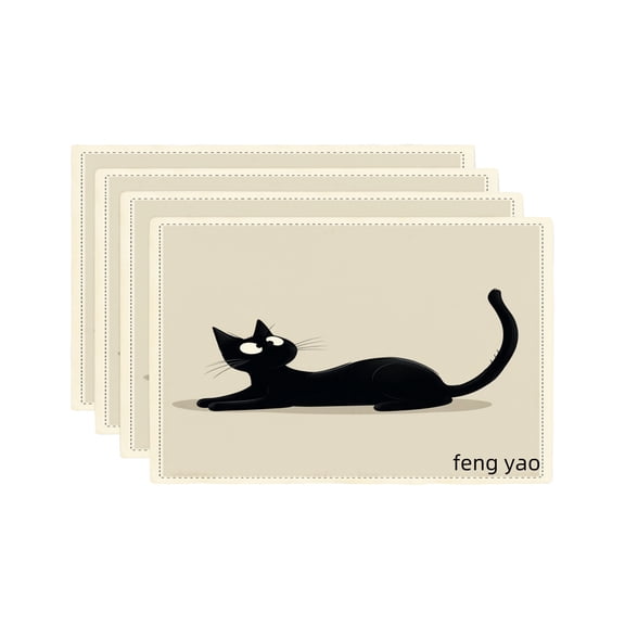 Amarainy Black Cat Design Linen Table Mats Set of 4 for Home Kitchen Table Decor 12x18 inch