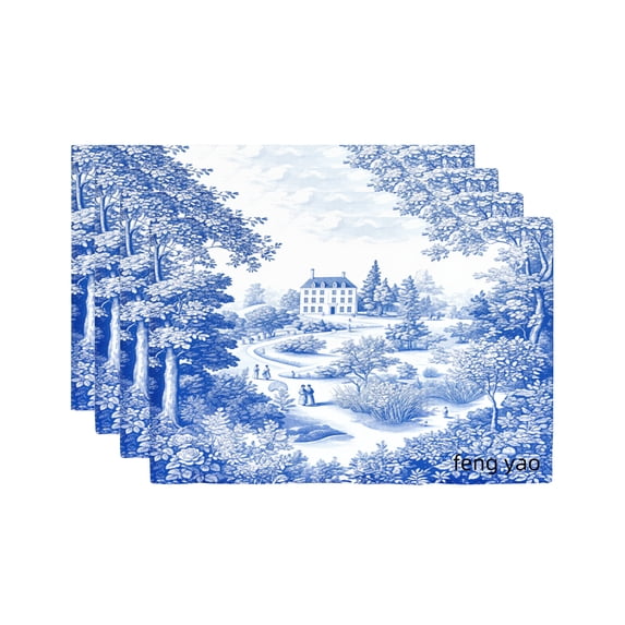 Amarainy Blue And White Landscape Print Linen Table Mats Set Of 4 For Home Kitchen Table Decor 12x18 inch