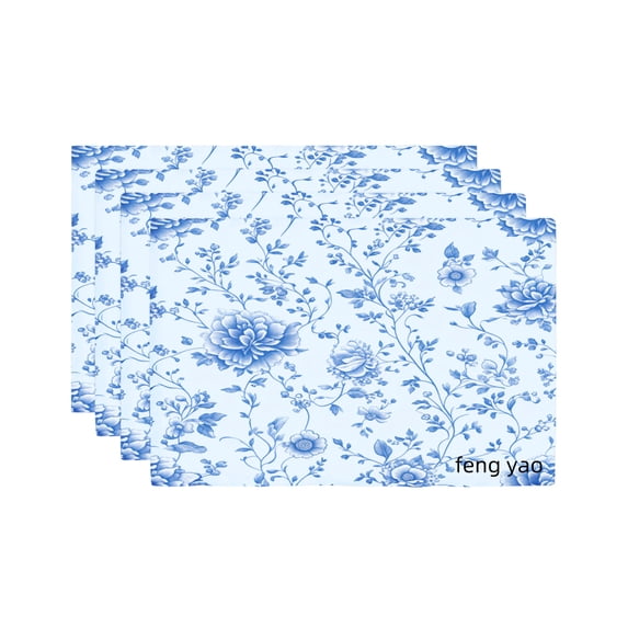 Amarainy Blue Floral Pattern Linen Table Mats Set of 4 for Home Kitchen Table Decor 12x18 inch