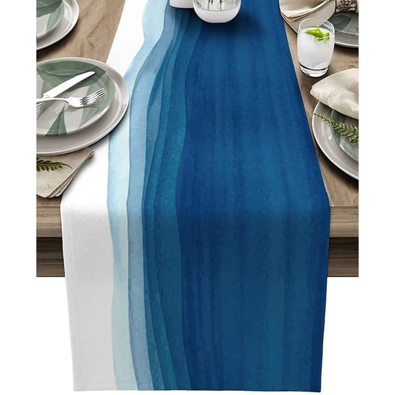 Amarainy Blue White Linen Table Runner, Non-Slip Dining Table Runners for Kitchen, Ombre Ocean Wave Coffee Table Runners Dresser Scarf for Living Room Parties 13x72 inch