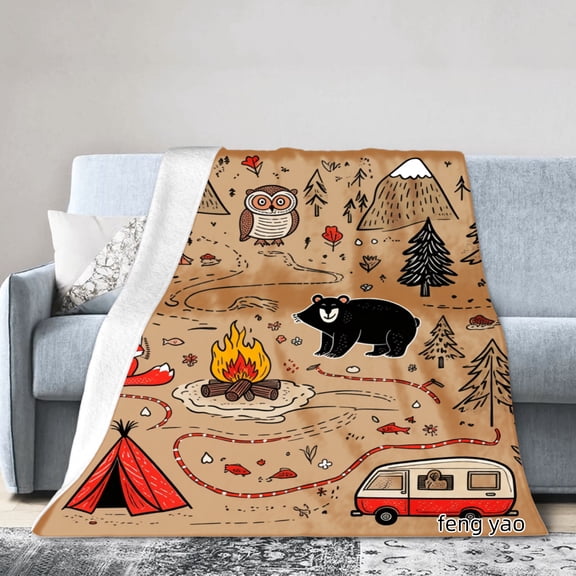Amarainy Camping Adventure Bear Owl And Campfire Flannel Blanket For Winter Gift Home Sofa Bed Decoration 40x50 inch