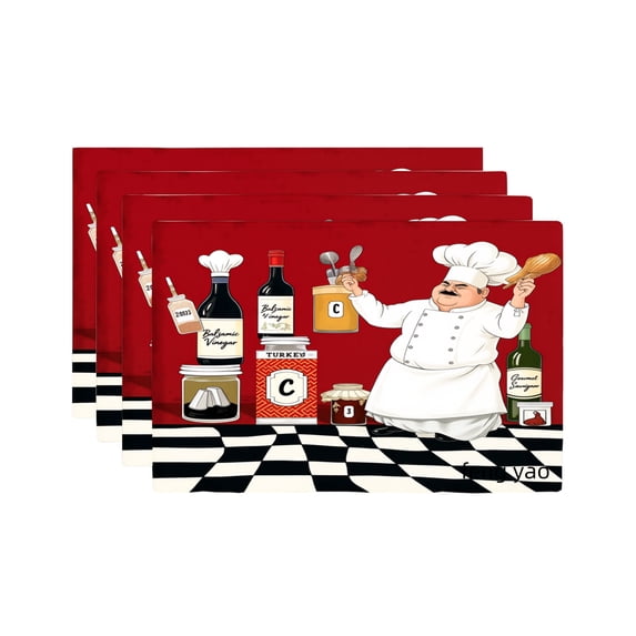 Amarainy Chef Kitchen Scene Red And Black Checkered Design Linen Table Mats Set Of 4 For Home Kitchen Table Decor 12x18 inch