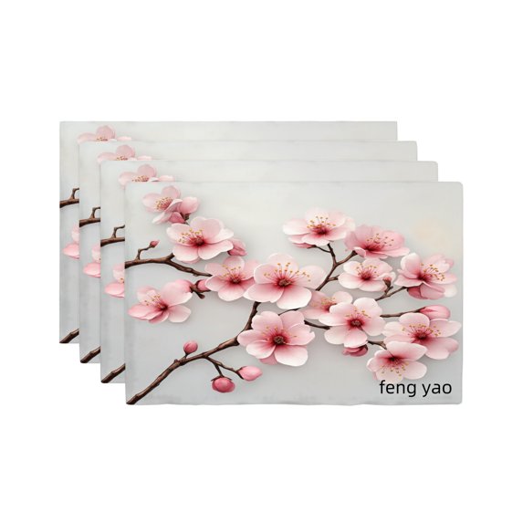 Amarainy Cherry Blossom Floral Design Linen Table Mats Set of 4 for Home Kitchen Table Decor 12x18 inch