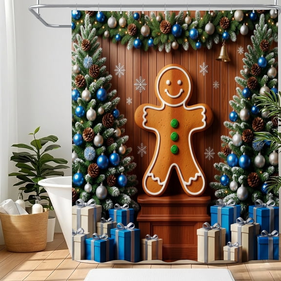 Amarainy Christmas Gingerbread Shower Curtain 72x72 Inch Bathroom Shower Curtain Holiday Printed Fabric Curtain with Hooks Seasonal Decor