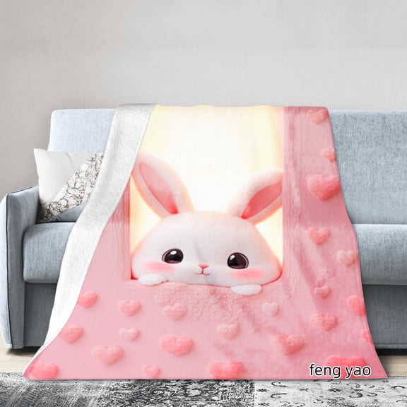 Amarainy Cute Bunny Pink Heart Flannel Blanket For Winter Gift Home Sofa Bed Decoration 50x60 inch