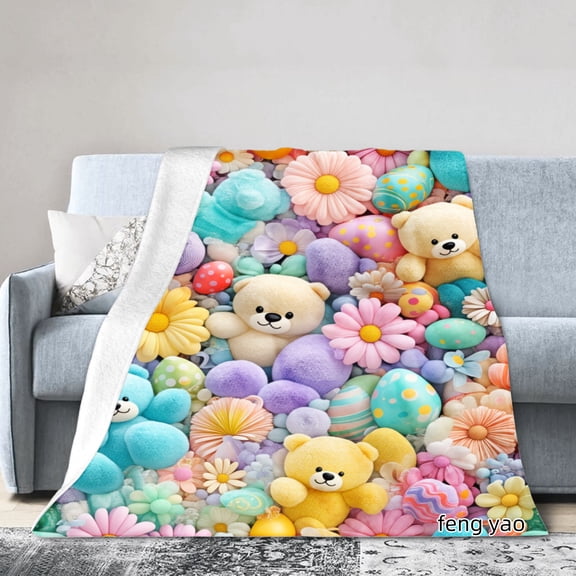 Amarainy Cute Teddy Bear And Flowers Flannel Blanket For Winter Gift Home Sofa Bed Decoration 50x60 inch