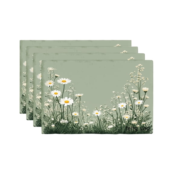 Amarainy Daisy Garden Green Linen Table Mats Set of 4 for Home Kitchen Table Decor 12x18 inch