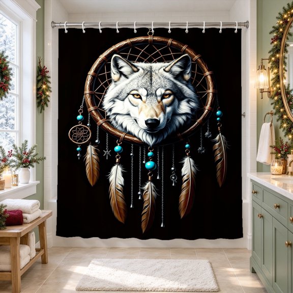 Amarainy Dreamcatcher Wolf Shower Curtain Tribal Feathers Animal Native Decor Waterproof Polyester Fabric Bath Curtain with Hooks