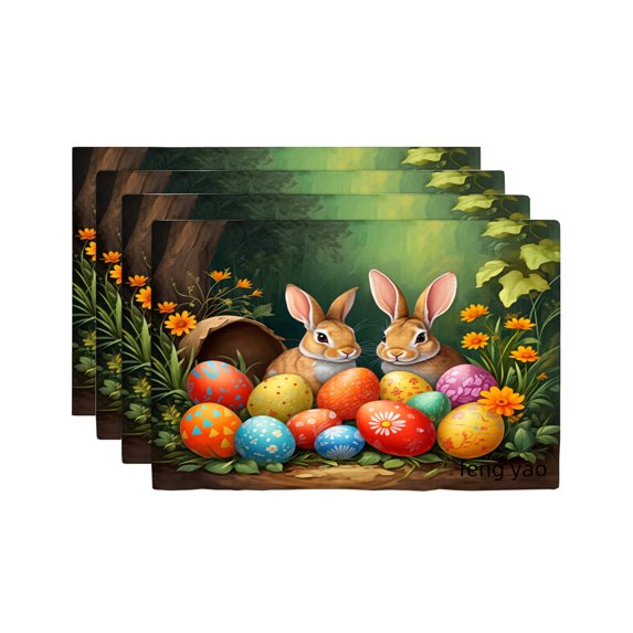 Amarainy Easter Bunnies And Colorful Eggs Garden Scene Linen Table Mats Set Of 4 For Home Kitchen Table Decor 12x18 inch
