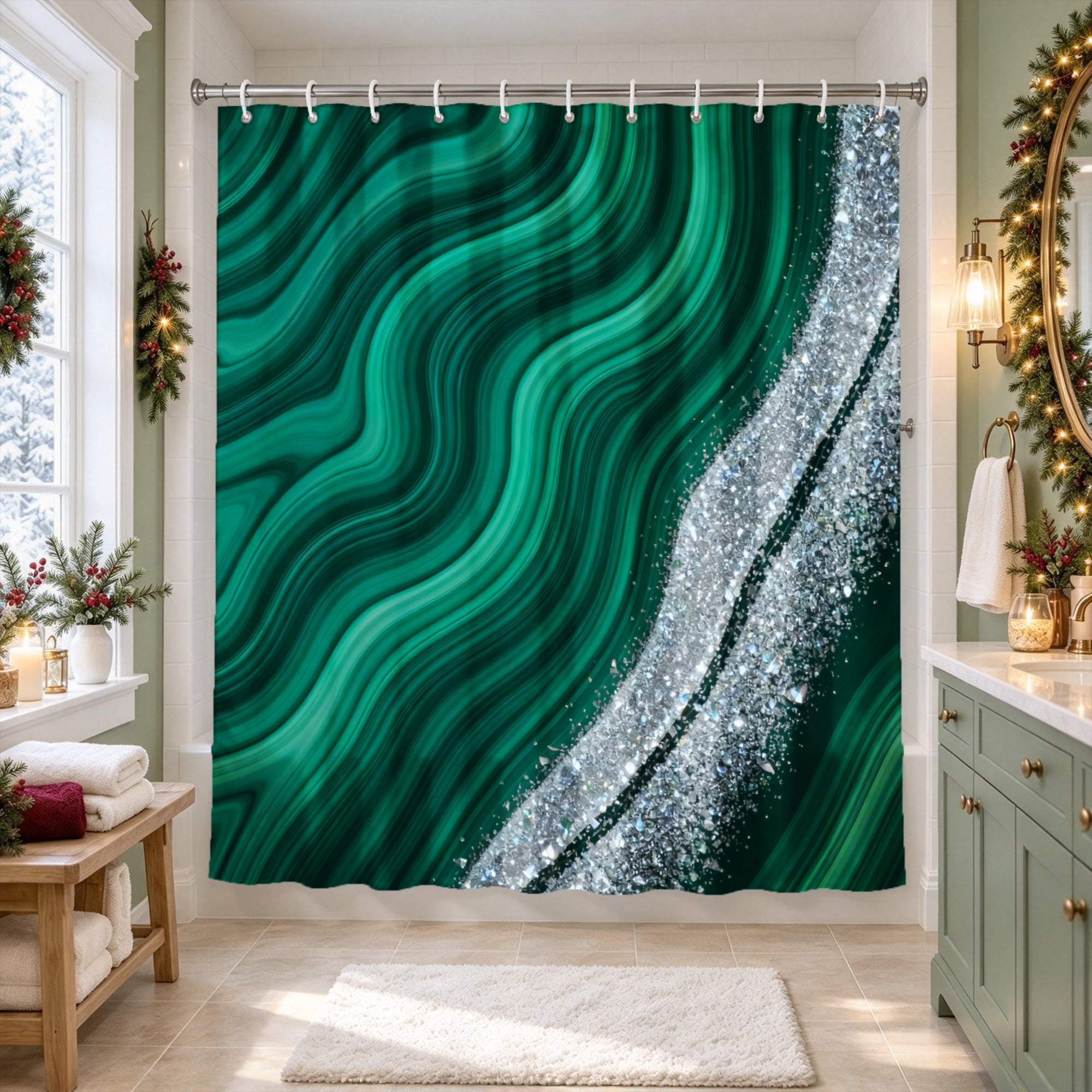 Polyyester Texture Amarainy Emerald Green Shower Curtain Liquid Marble Fluid Texture Art ...