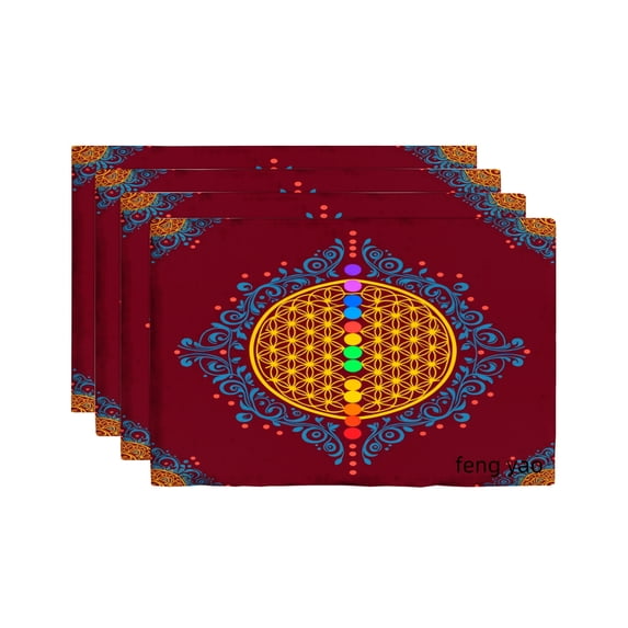 Amarainy Feng Shui Flower Of Life Mandala Design Linen Table Mats Set Of 4 For Home Kitchen Table Decor 12x18 inch