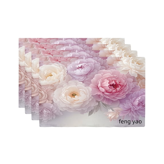 Amarainy Floral Peony Design Linen Table Mats Set of 4 for Home Kitchen Table Decor 12x18 inch