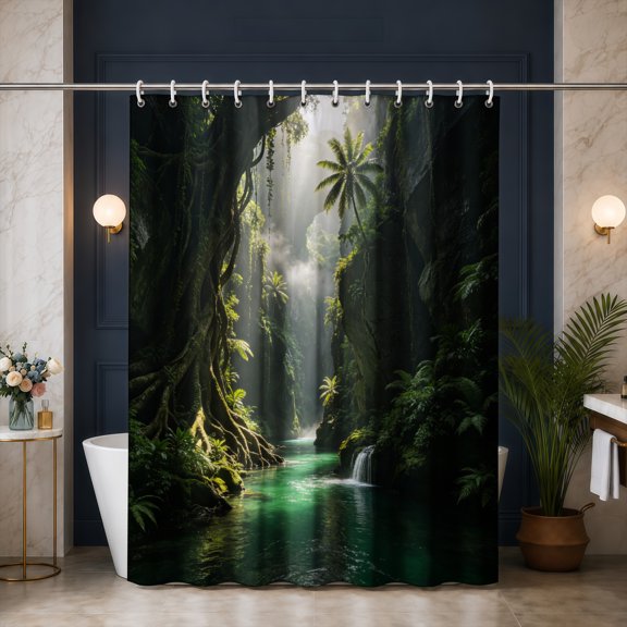 Amarainy Forest Mountain Shower Curtain Sunlight Gorge Trees Nature Landscape Decor Polyester Fabric Bath Curtain with Hooks