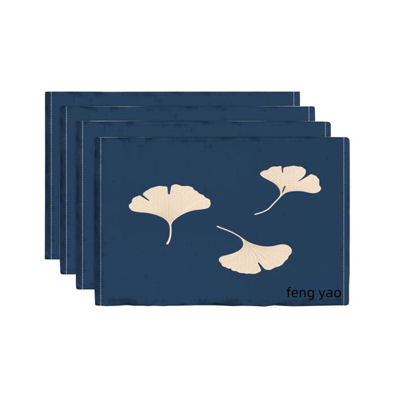Amarainy Ginkgo Leaf Embroidered Navy Blue Linen Table Mats Set of 4 for Home Kitchen Table Decor 12x18 inch