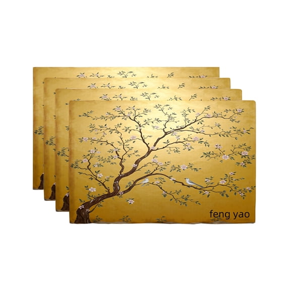 Amarainy Golden Plum Blossom Tree Design Linen Table Mats Set of 4 for Home Kitchen Table Decor 12x18 inch