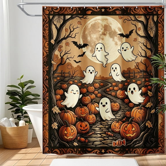 Amarainy Halloween Ghost Pumpkin Patch Shower Curtain, Spooky Moon Woods Cute Ghost Bathroom Decor, Waterproof Polyester Fabric