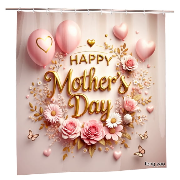 Amarainy Happy Mothers Day Polyester Shower Curtain With Pink Balloons Flowers And Butterflies For Home Bathroom Bath Tub Decoration 72x72 inch
