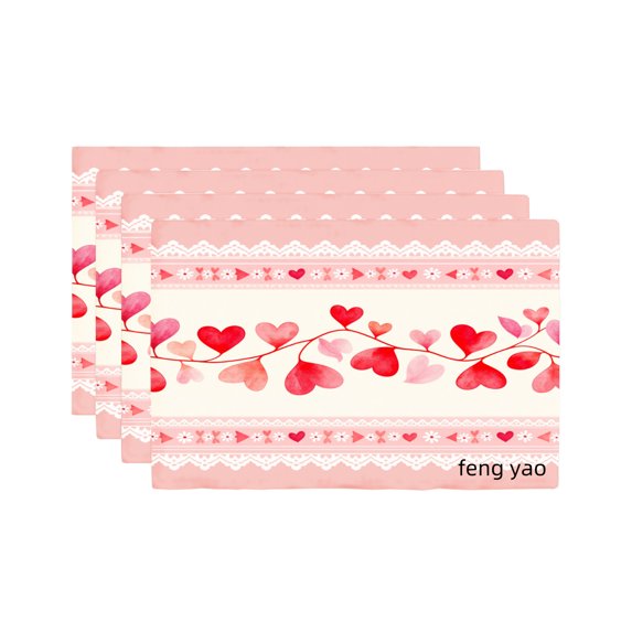 Amarainy Heart Pattern Pink Linen Table Mats Set of 4 for Home Kitchen Table Decor 12x18 inch