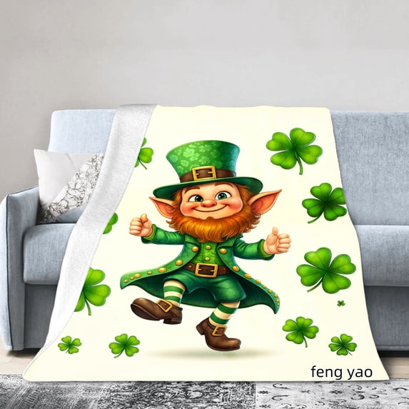 Amarainy Leprechaun And Clover Flannel Throw Blanket For Winter Gift Home Sofa Bed Decoration 40x50 inch