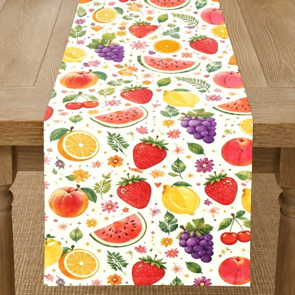 Amarainy Linen Table Runner with Watermelon, Strawberry, Citrus and Colorful Fruit Pattern, Summer Dining Table Decor, Fresh Kitchen Table Runner