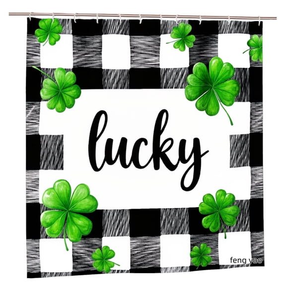 Amarainy Lucky Four Leaf Clover Black And White Checkered Polyester Shower Curtain For Home Bathroom Bath Tub Decoration 72x72 inch