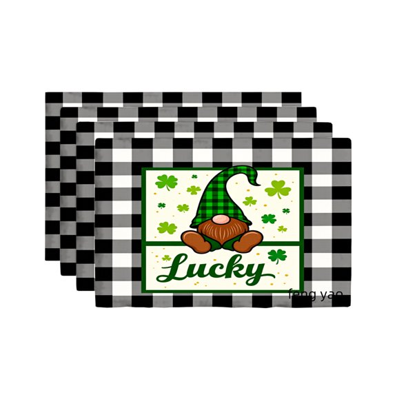 Amarainy Lucky Gnome St Patricks Day Theme Black White Checkered Linen Table Mats Set of 4 for Home Kitchen Table Decor 12x18 inch