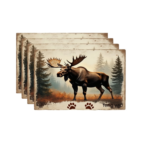 Amarainy Moose Forest Scene Nature Wildlife Animal Print Table Mats Set Of 4 For Home Kitchen Table Decor 12x18 inch