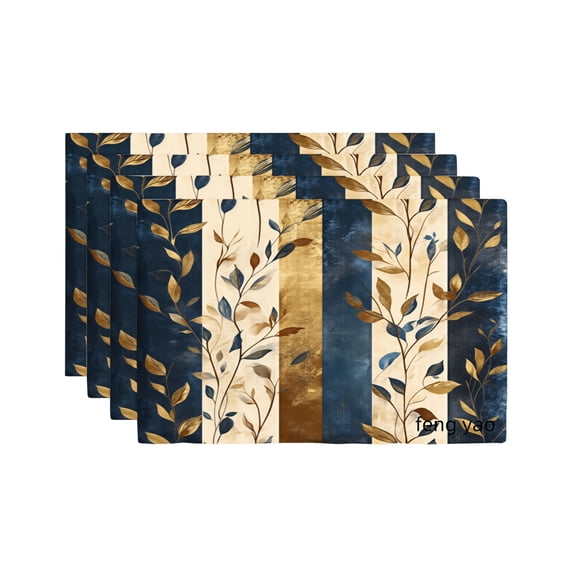 Amarainy Navy Blue And Gold Leaf Pattern Linen Table Mats Set Of 4 For Home Kitchen Table Decor 12x18 inch