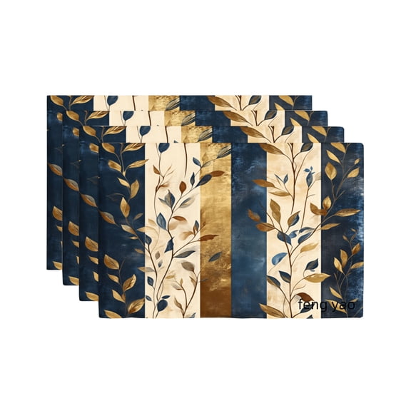 Amarainy Navy Blue And Gold Leaf Pattern Linen Table Mats Set Of 4 For Home Kitchen Table Decor 12x18 inch