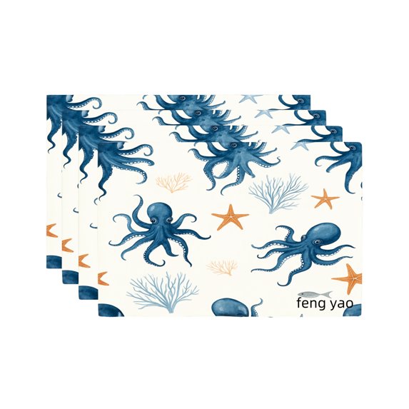 Amarainy Ocean Octopus And Starfish Pattern Linen Table Mats Set Of 4 For Home Kitchen Table Decor 12x18 inch
