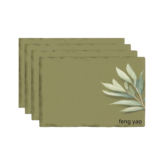 Amarainy Olive Green Leaf Pattern Linen Table Mats Set of 4 for Home Kitchen Table Decor 12x18 inch