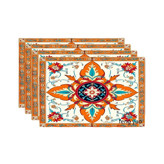 Amarainy Ornamental Floral Design Linen Table Mats Set of 4 for Home Kitchen Table Decor 12x18 inch