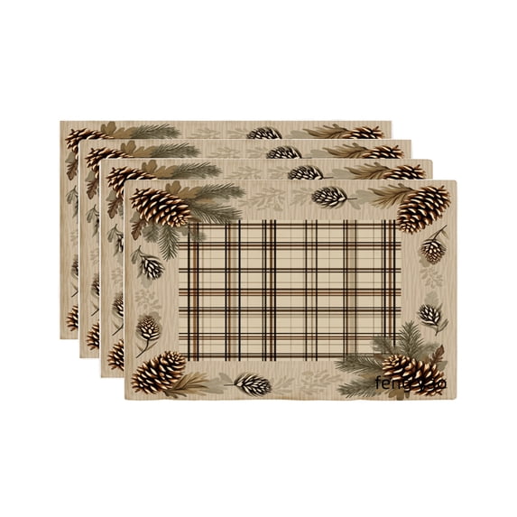 Amarainy Pine Cone Plaid Design Linen Table Mats Set of 4 for Home Kitchen Table Decor 12x18 inch
