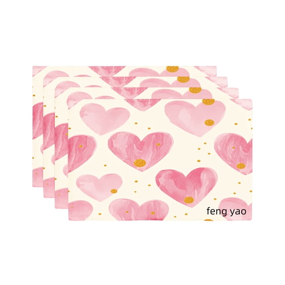 Amarainy Pink Hearts Pattern Linen Table Mats Set of 4 for Home Kitchen Table Decor 12x18 inch