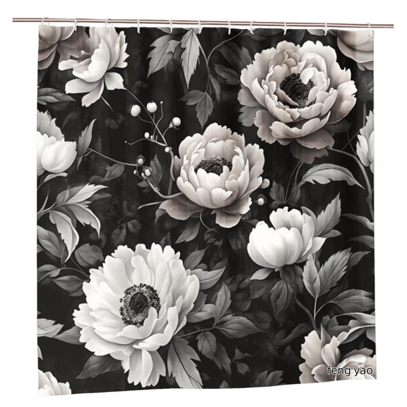 Amarainy Polyester Shower Curtain Black And White Floral Design For Home Bathroom Bath Tub Decoration 72x72 inch