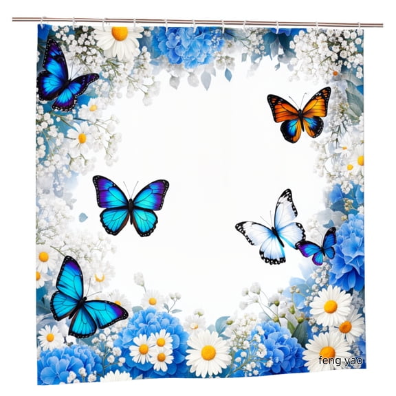 Amarainy Polyester Shower Curtain Butterfly And Flowers Design For Home Bathroom Bath Tub Decoration 72x72 inch