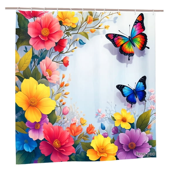 Amarainy Polyester Shower Curtain Floral Butterflies Design For Home Bathroom Bath Tub Decoration 72x72 inch