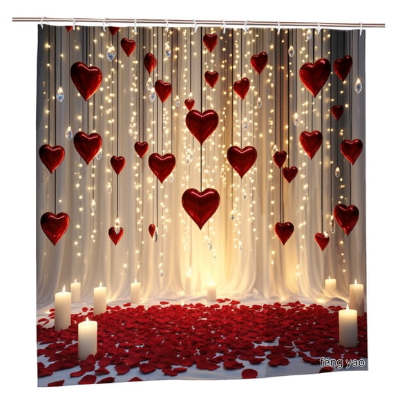 Amarainy Polyester Shower Curtain With Hanging Hearts And Fairy Lights Romantic Valentine Theme For Home Bathroom Bath Tub Decoration 72x72 inch