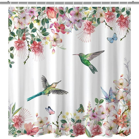 Amarainy Spring Floral Shower Curtain for Bathroom, Hummingbird Shower Curtains with 12 Hooks Colorful Butterfly Flower Bird Shower Curtain for Spring Bathroom Decor, Waterproof 72 X 72 inch