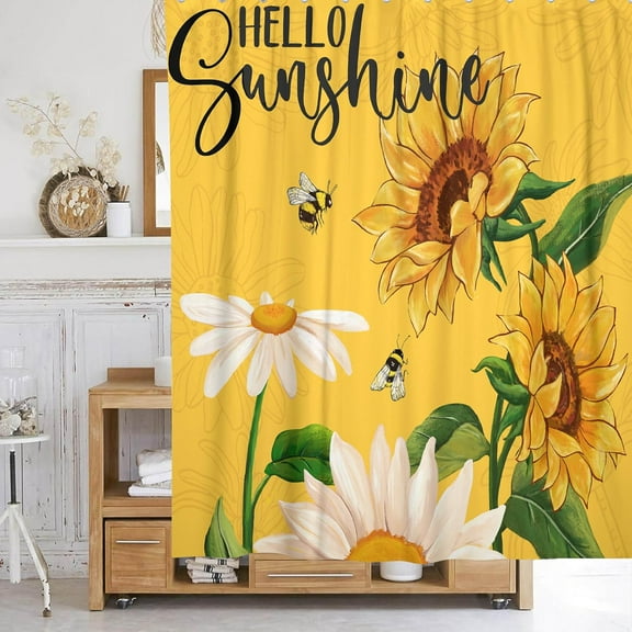 Amarainy Spring Summer Yellow Sunflower Bee Shower Curtain Hello Sunshine Waterproof Floral Decorative Polyester Bathroom Curtain with Hooks 72"x72"