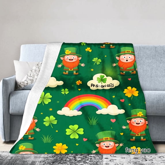 Amarainy St Patrick Day Leprechaun Rainbow Clover Flannel Throw Blanket For Winter Gift Home Sofa Bed Decoration 50x60 inch