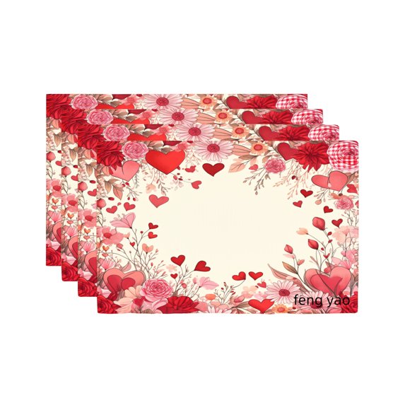 Amarainy Valentine Floral Heart Pattern Linen Table Mats Set of 4 for Home Kitchen Table Decor 12x18 inch