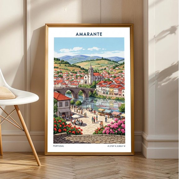 Amarante Portugal Riverside Art Print: Colorful European Cityscape, Unframed Canvas Size 24x36