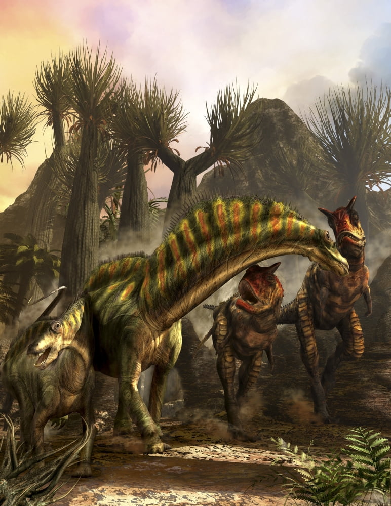 Amargasaurus is fending off a pack of Carnotaurus Canvas Art - Kurt MillerStocktrek Images (13 x 16)