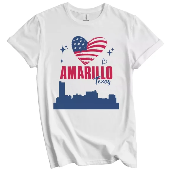 Amarillo Texas Skyline American Flag Heart 4th of July T-Shirt Gift for Men Women Unisex Tee, Vintage Birthday Gift