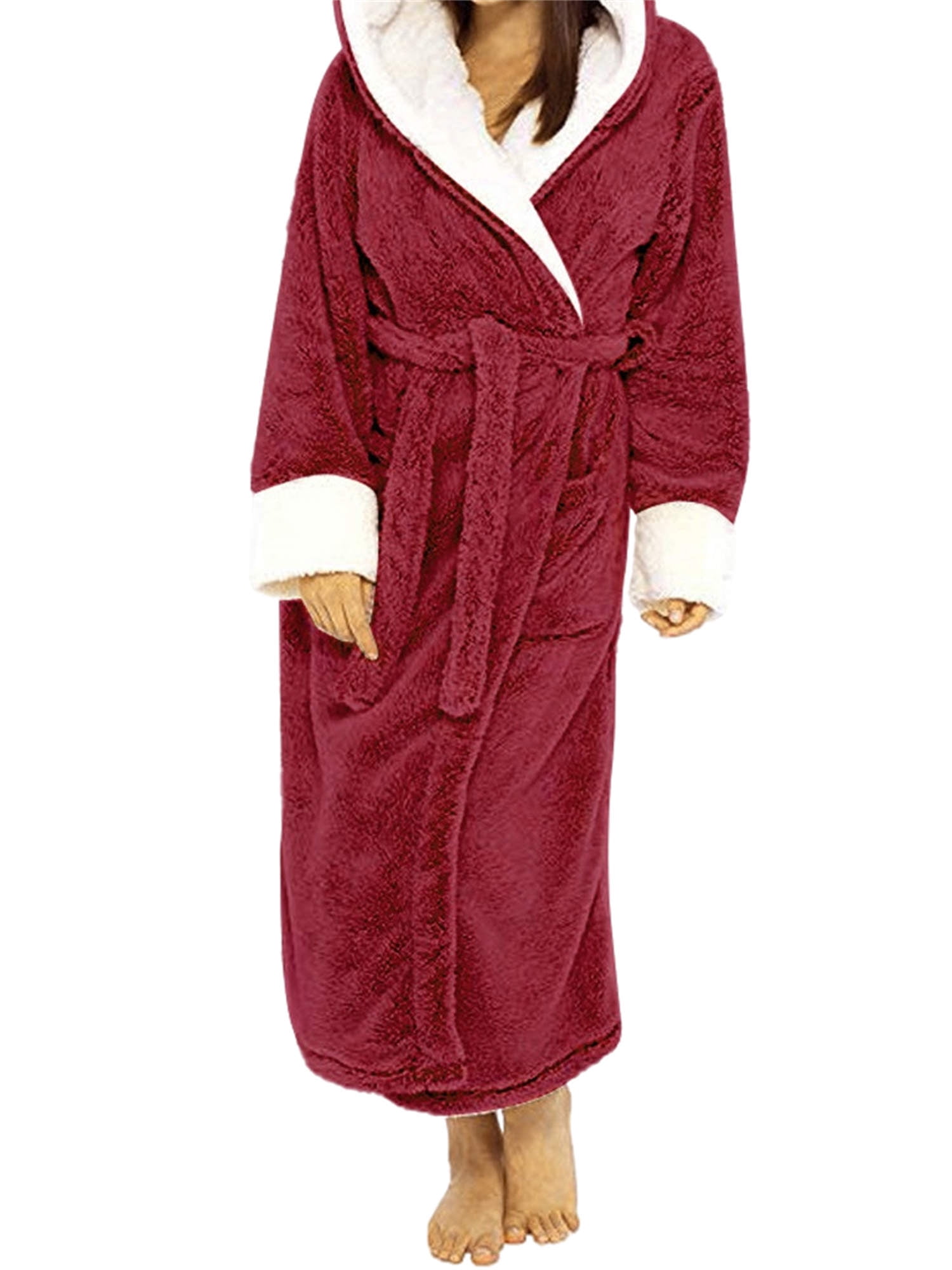 HUUXIW Women Bathrobe Flannel Warm Long Robe Waist Lace-up Pocket ...
